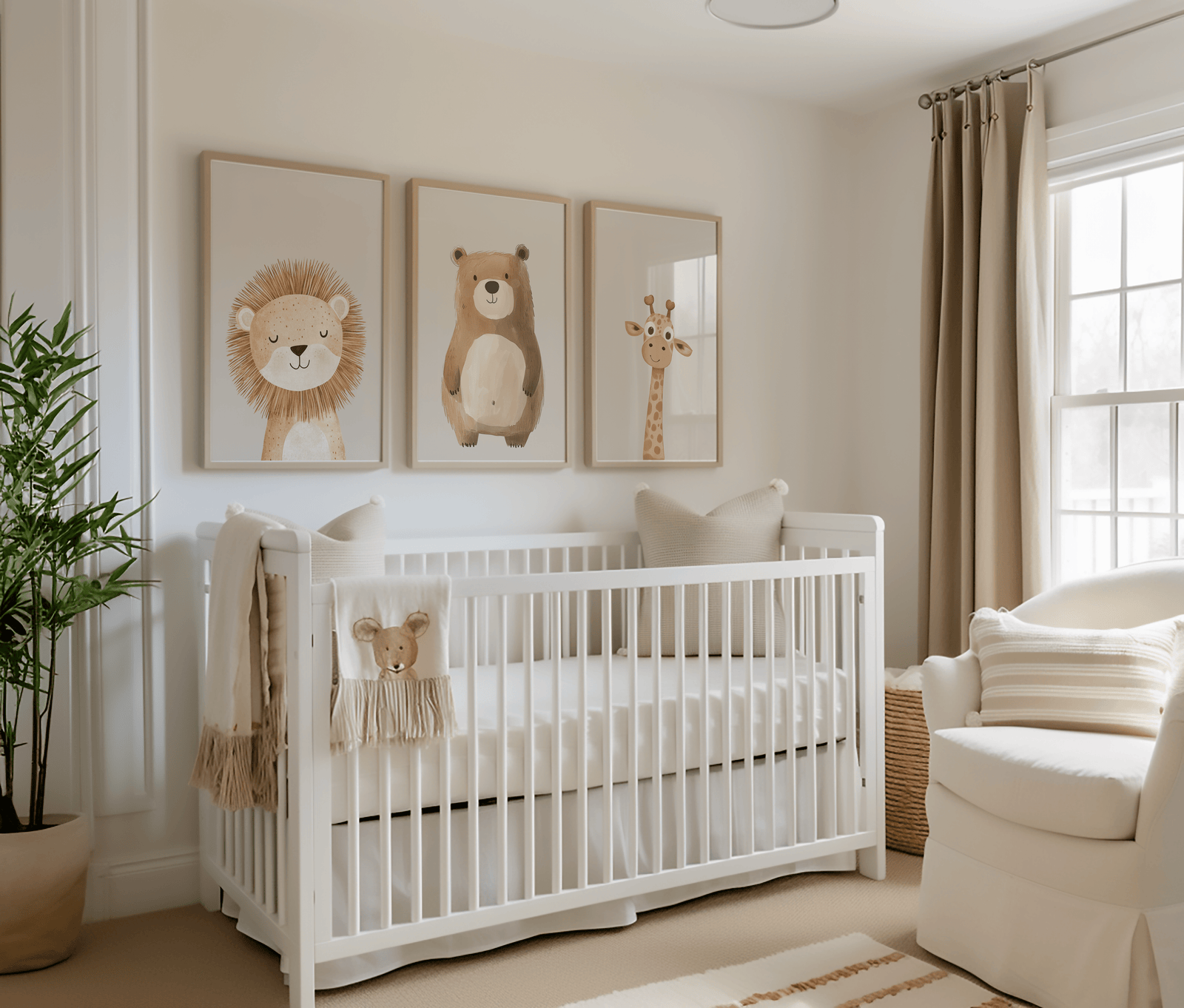 Nursery wall art set with lion, bear and giraffe above a white crib in a neutral modern baby room