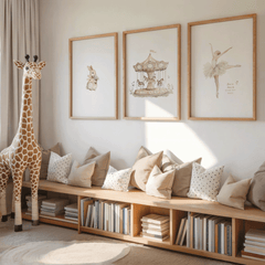 Set of three nursery prints—vintage neutral ballet dancer, carousel, and bunny rabbit—framed above kids’ reading bench with books and a plush giraffe.