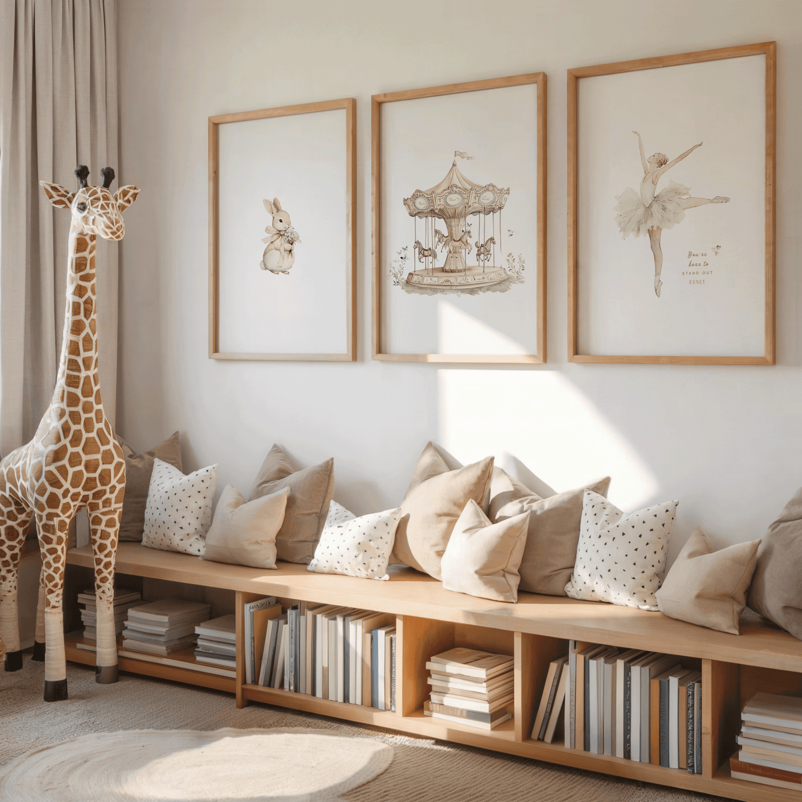 Set of three nursery prints—vintage neutral ballet dancer, carousel, and bunny rabbit—framed above kids’ reading bench with books and a plush giraffe.