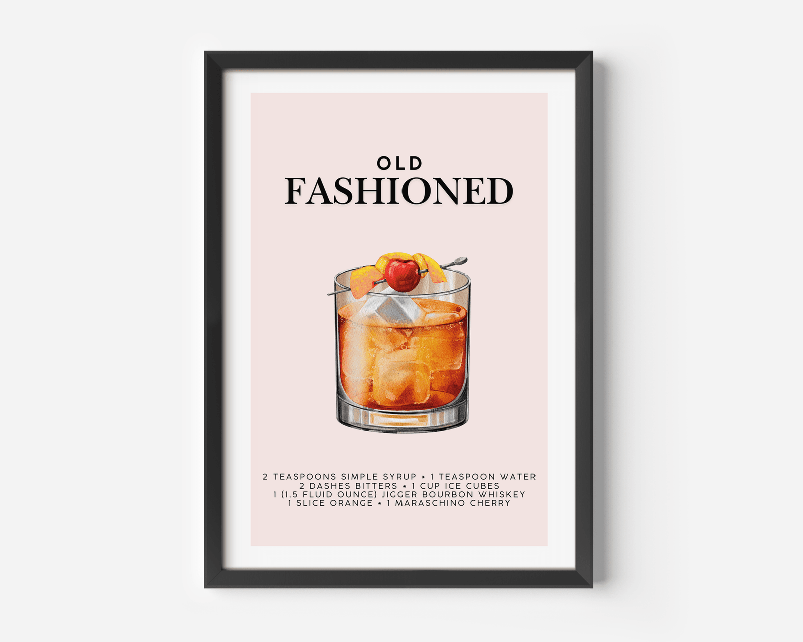 Old Fashioned cocktail print with a bourbon glass and the recipe on blush pink in a black frame