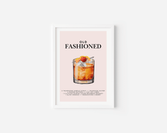 Old Fashioned cocktail print in a small white frame on a white background