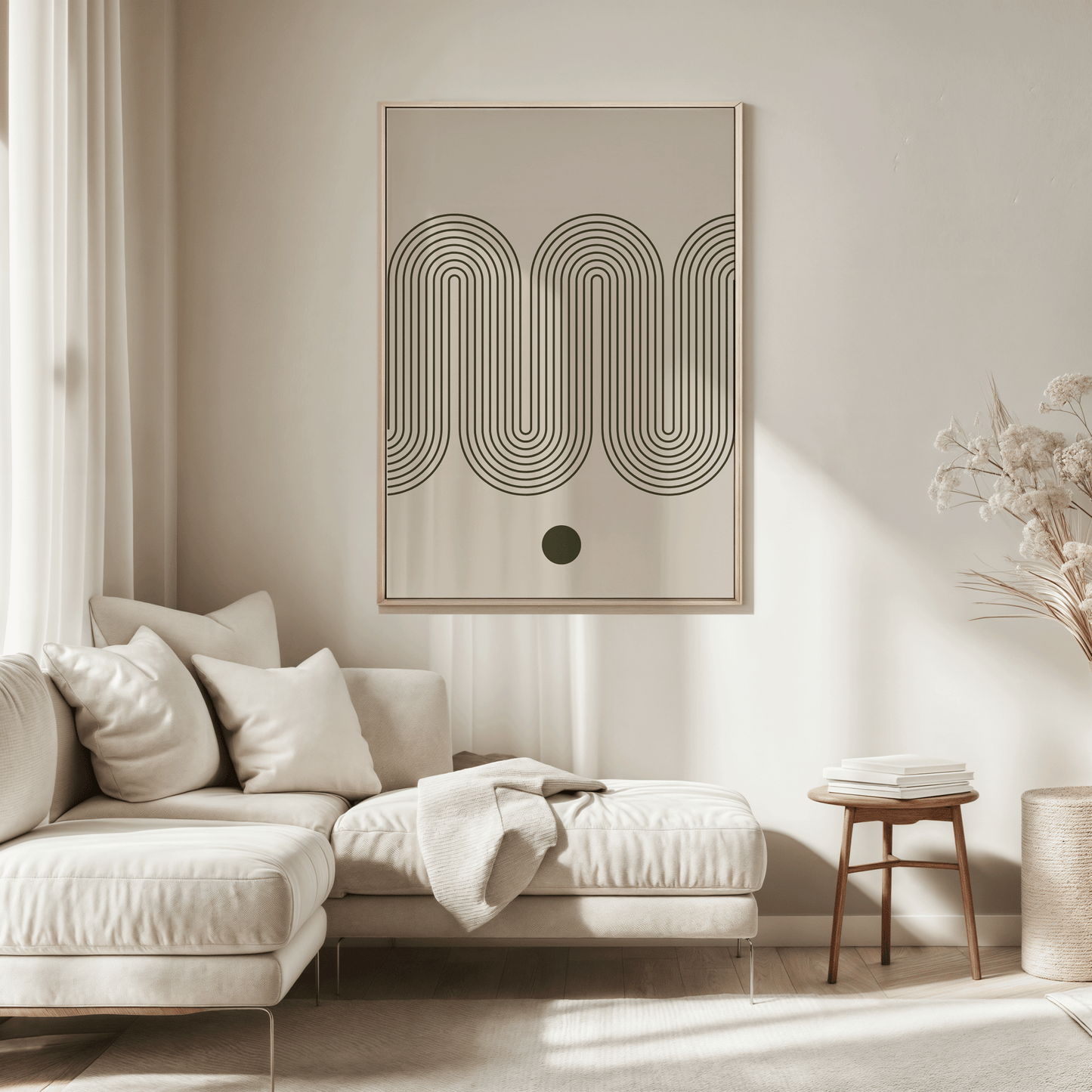 Olive green mid-century wave print above a beige sofa in a sunlit living room