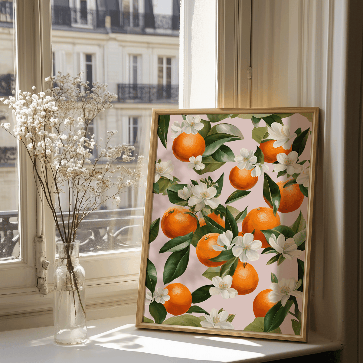 Citrus fruit print framed on a windowsill in a bright room