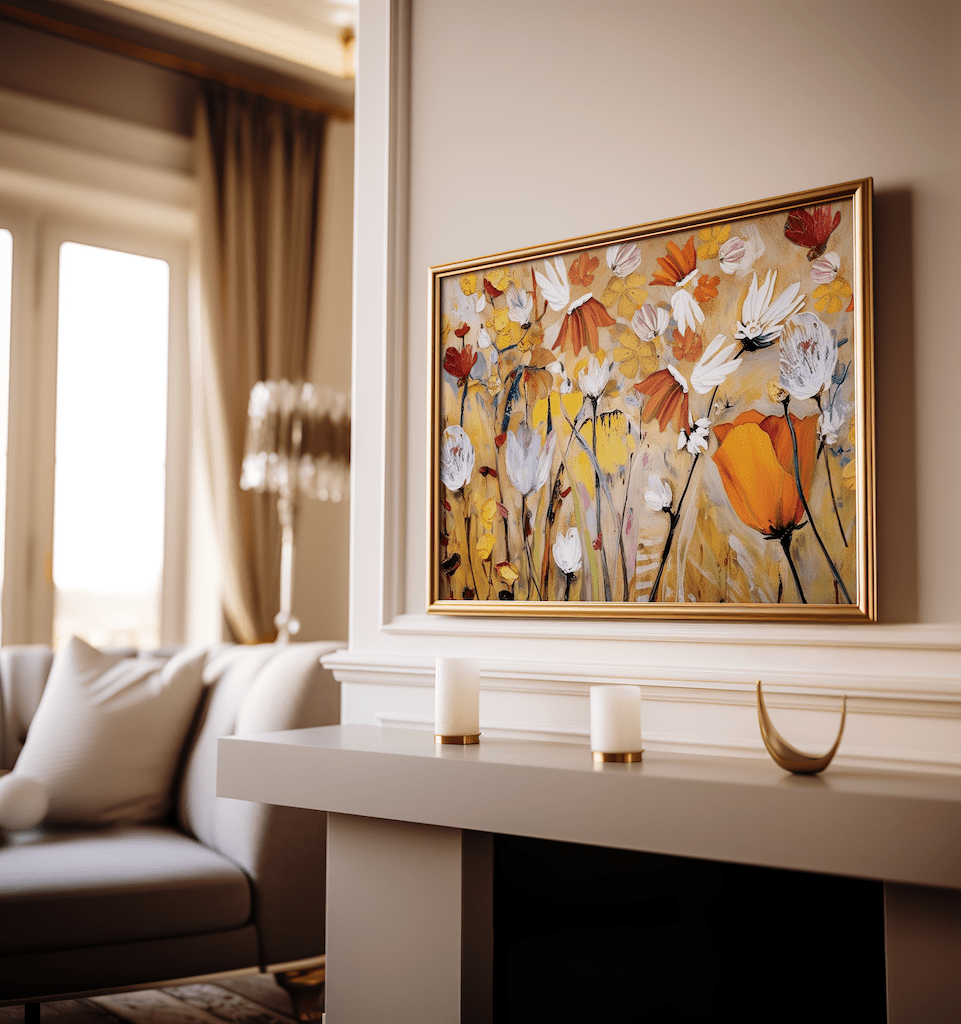 Orange and yellow floral wall art framed in gold, styled above a modern fireplace in a warm living room with natural light and neutral decor