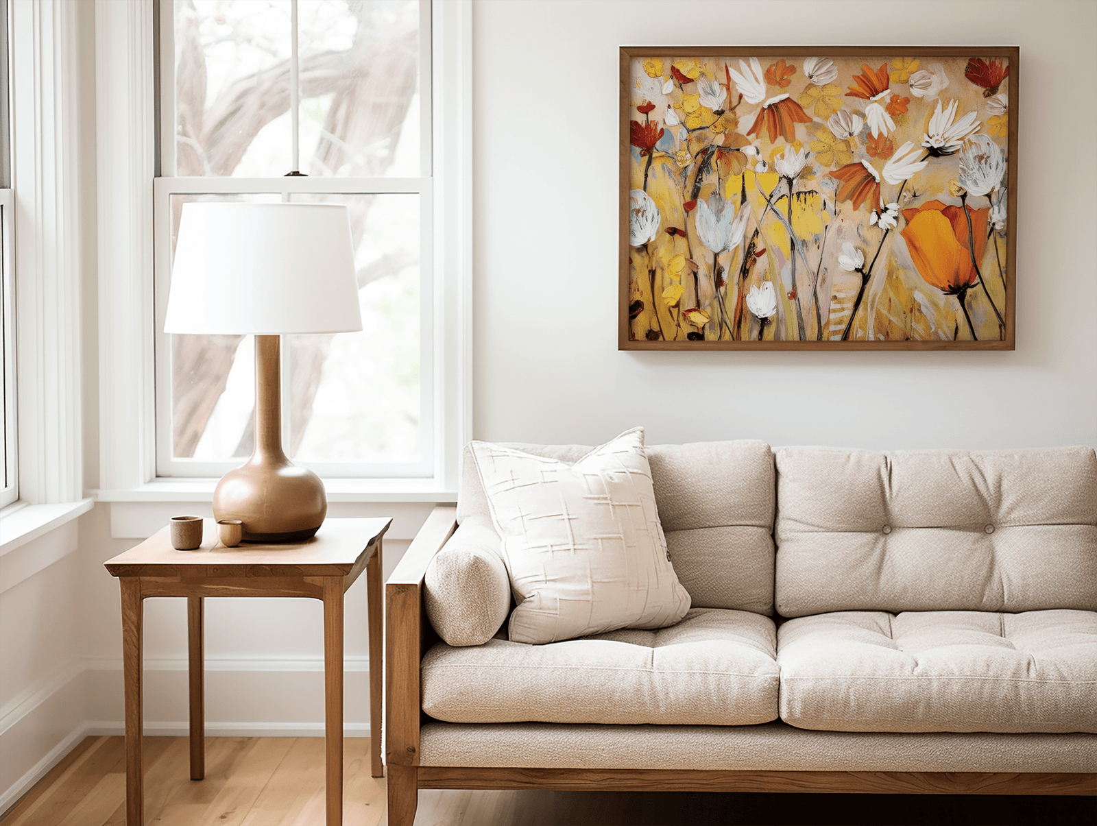 Orange and yellow floral wall art with white botanical flowers framed in wood, hanging above a beige sofa beside a window in a warm modern living room