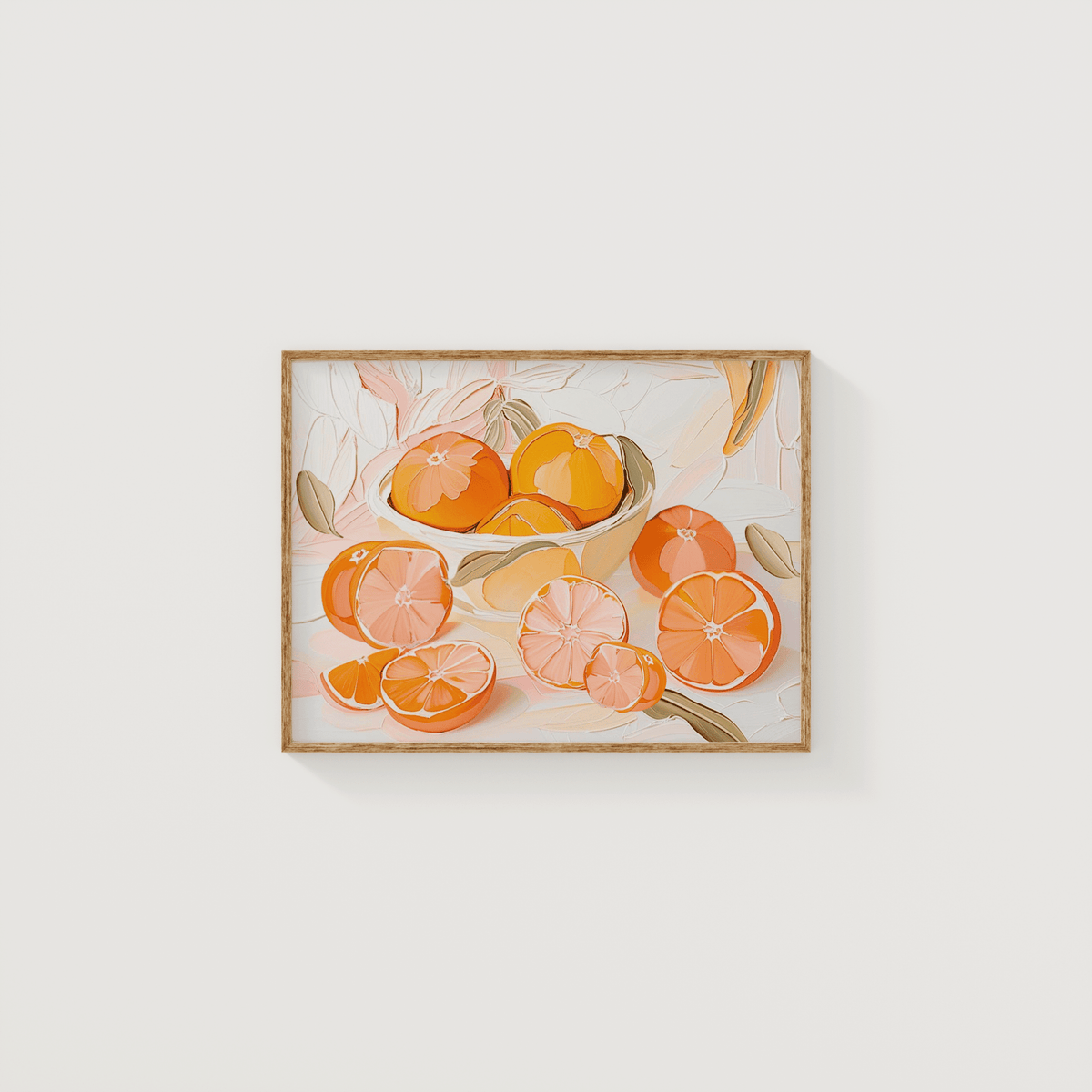 Still life print of a citrus bowl filled with ripe oranges