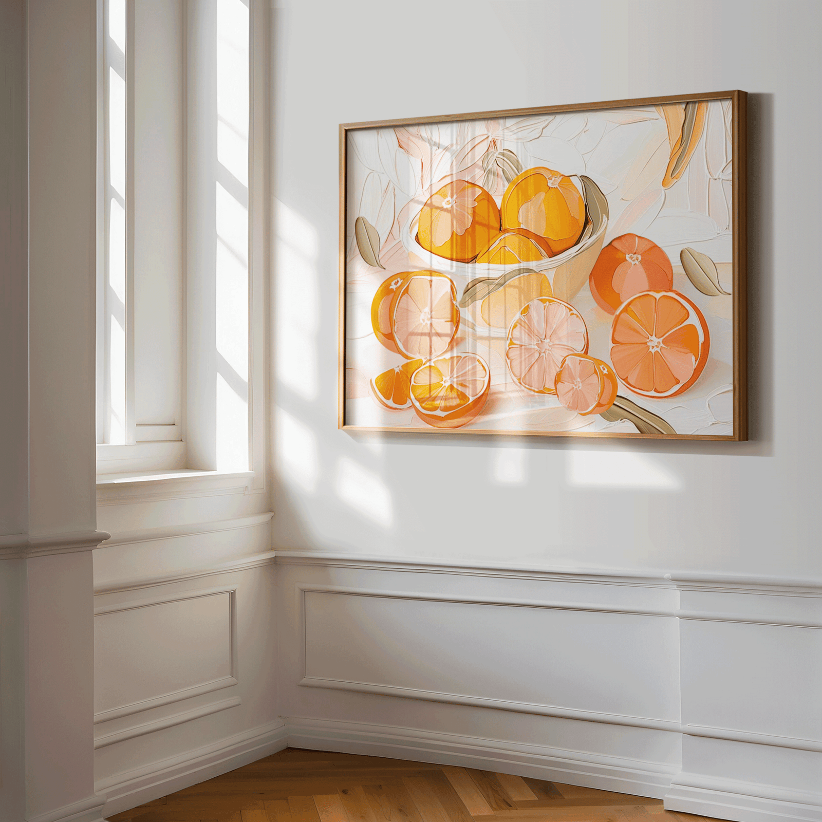 whole and sliced oranges in a citrus bowl with a brown wooden frame. The artwork has a faux-textured oil-like painting effect and is perfect for a dining room, breakfast area, or kitchen as wall art.