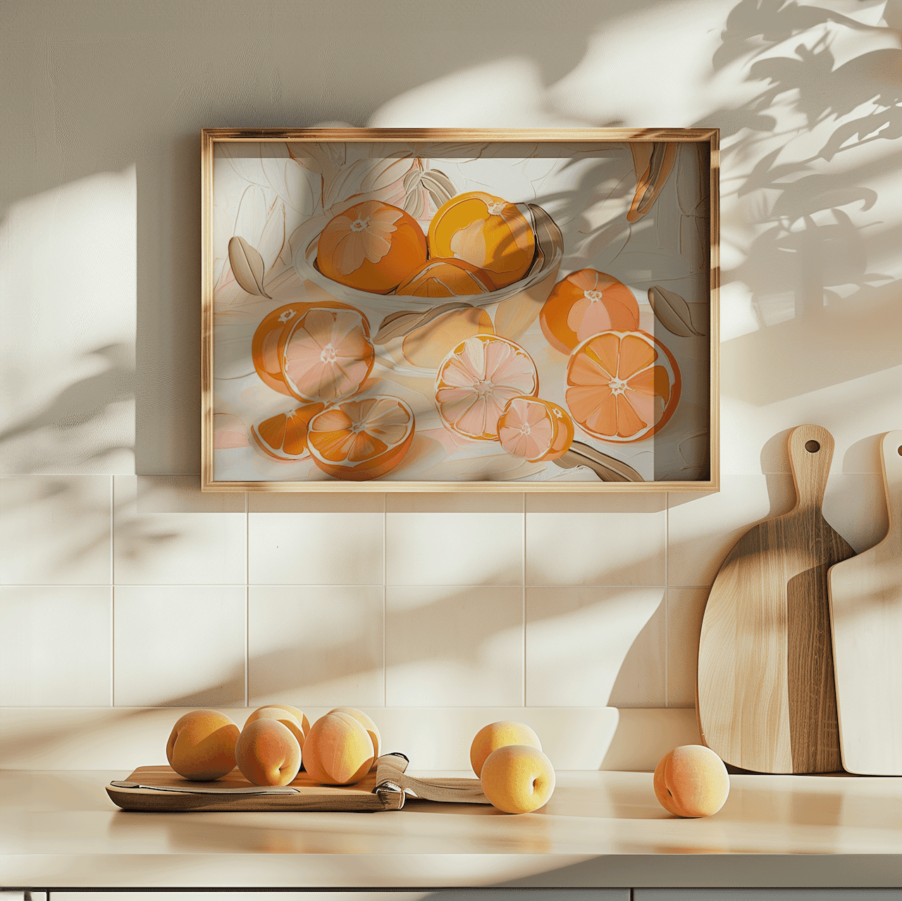 modern still life print of citrus oranges in a bowl with warm tones for kitchen