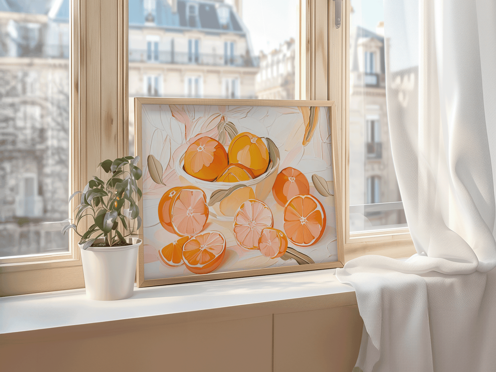 Framed artwork of oranges in a bowl with a faux-textured oil-like painting style framed with a light brown wooden frame. The artwork is placed on a windowsill with cityscape view.