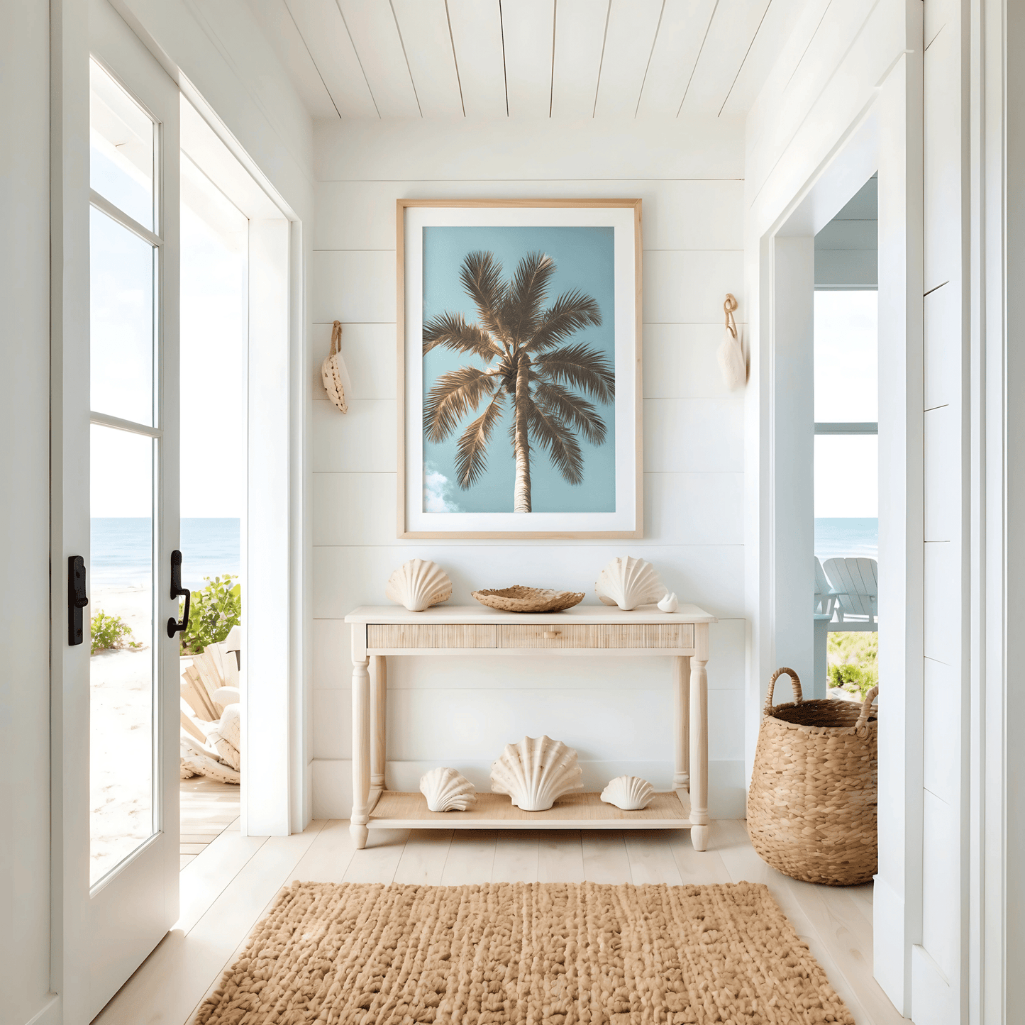 Coastal palm tree wall art print framed in beach house entryway decor above wooden console table