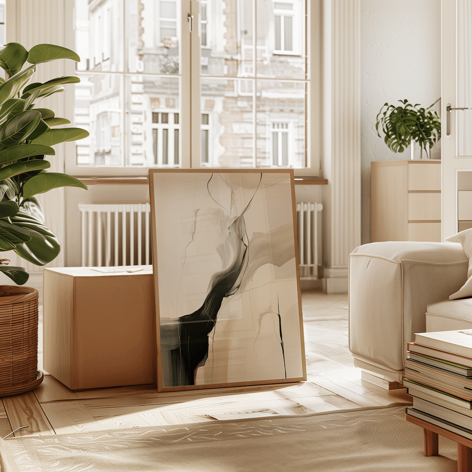 Modern living room with a black, beige and white framed abstract oversized canvas wall art, plants, and furniture.