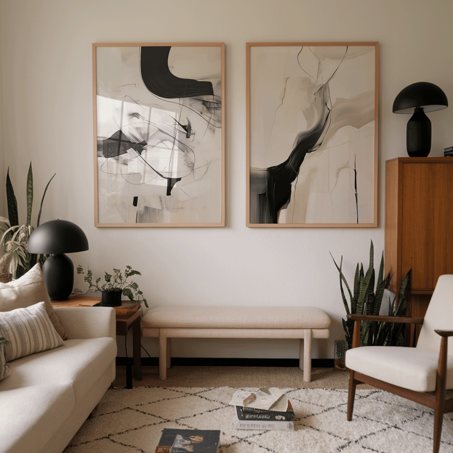 Pair of large black and beige abstract prints creating a gallery wall over a bench with plants in a modern living room.