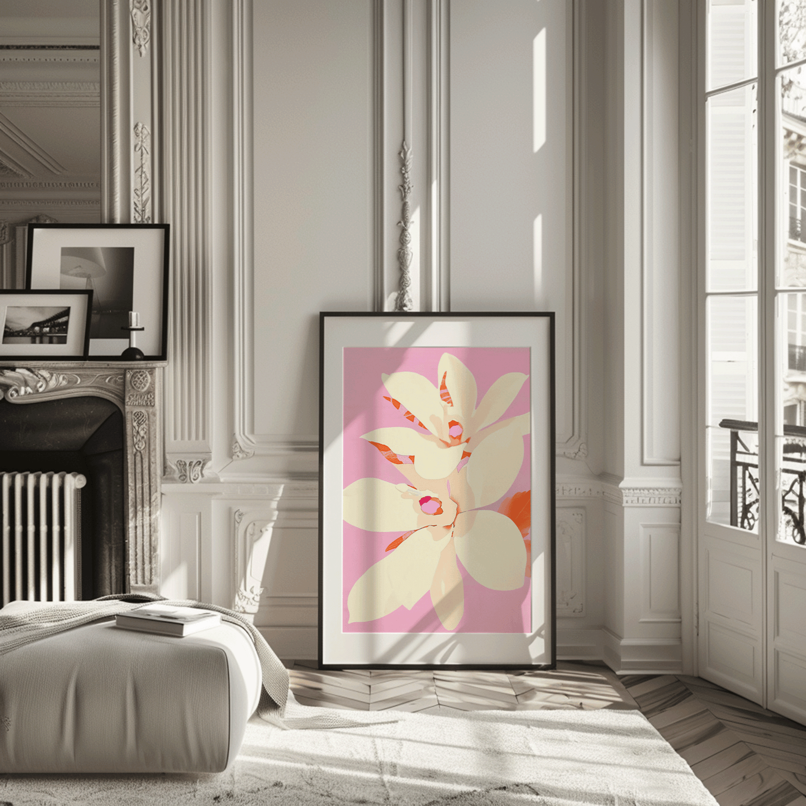 A bright and colorful botanical wall art illustration of pale yellow flowers with coral accents and pink pastel tones. Framed with a black frame up against a wall in a modern, sophisticated living room next to a fireplace.
