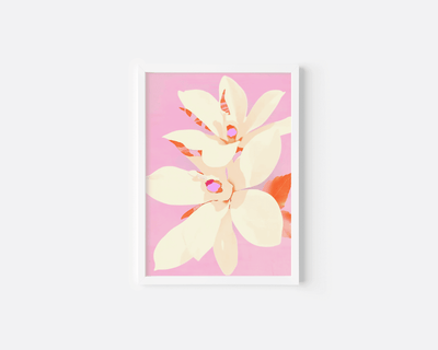 modern floral illustration wall art print with pale yellow blossoms, coral leaves, and blush pink background. a white frame against a white wall.