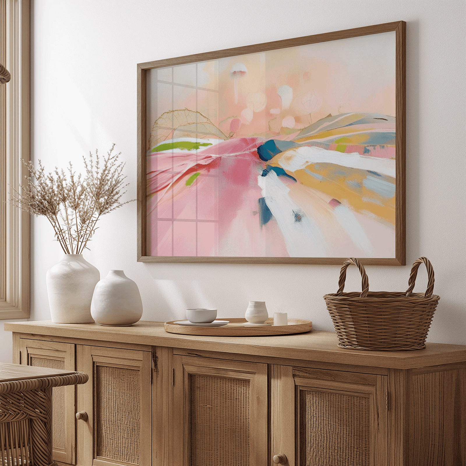 Pastel abstract landscape print in a natural wood frame above a wooden sideboard with dried flowers and a woven basket