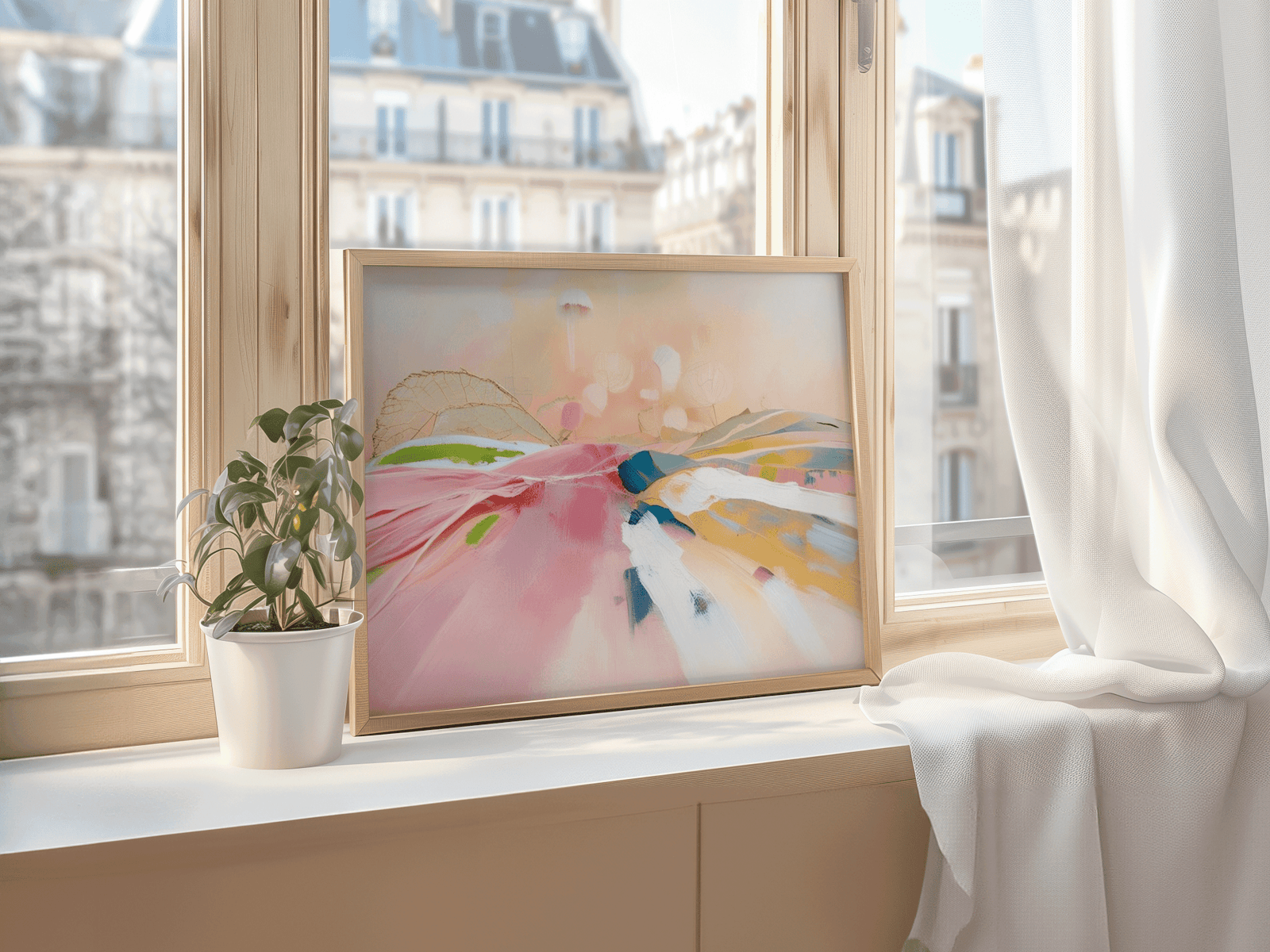 Pastel abstract landscape print in a natural wood frame leaning on a sunny windowsill with a potted plant and sheer curtains