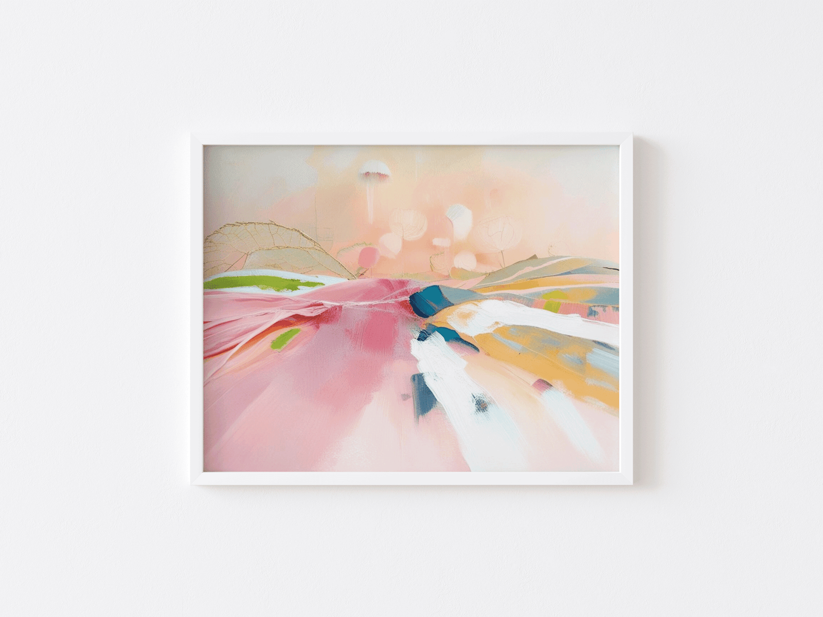 Pastel abstract landscape wall art in a white frame, with blush pink and peach hills and strokes of blue, yellow and green