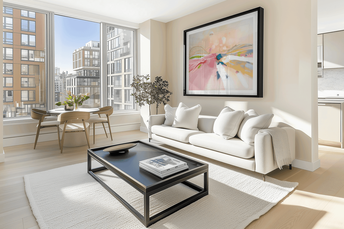 Pastel abstract landscape art in a black frame above a white sofa and black coffee table in a bright modern city apartment