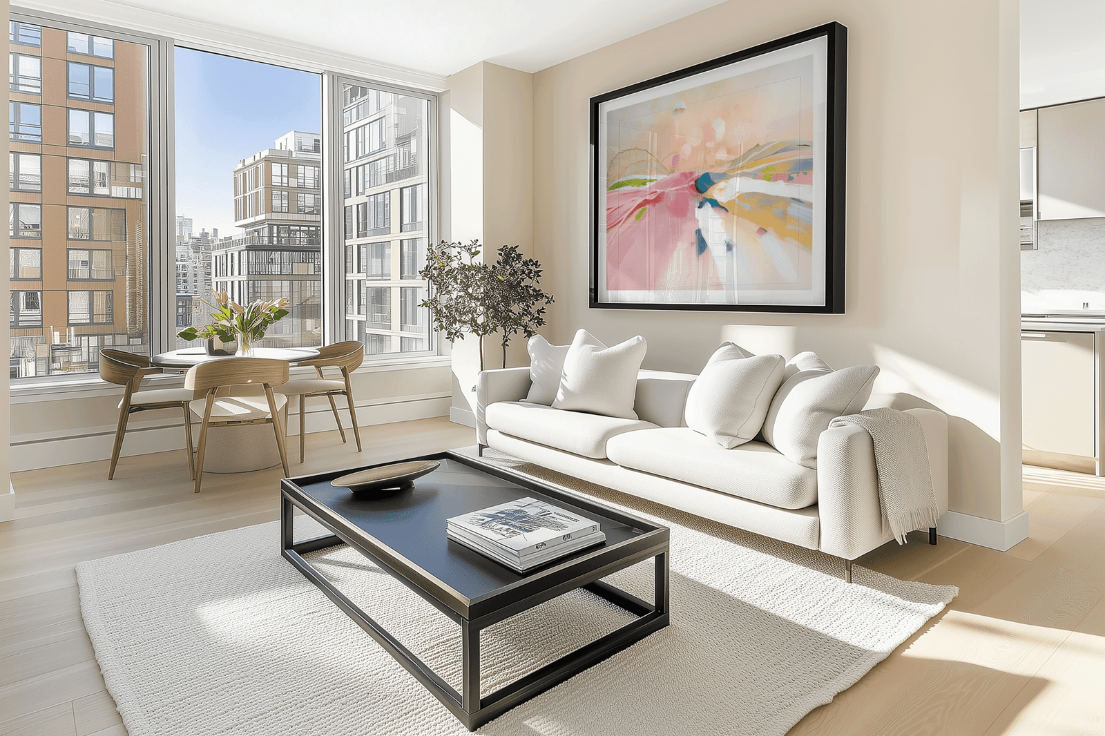 Pastel abstract landscape art in a black frame above a white sofa and black coffee table in a bright modern city apartment