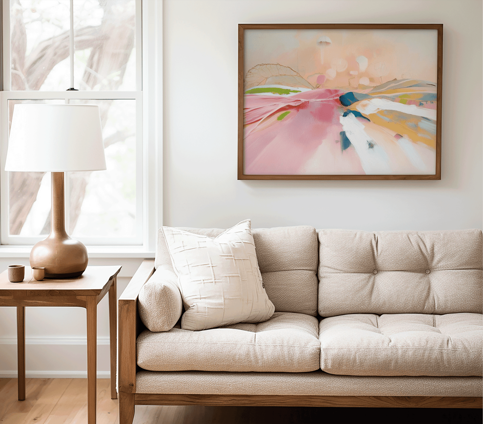 Pastel pink abstract landscape print in a natural wood frame above a beige tufted sofa with a table lamp in a neutral living room