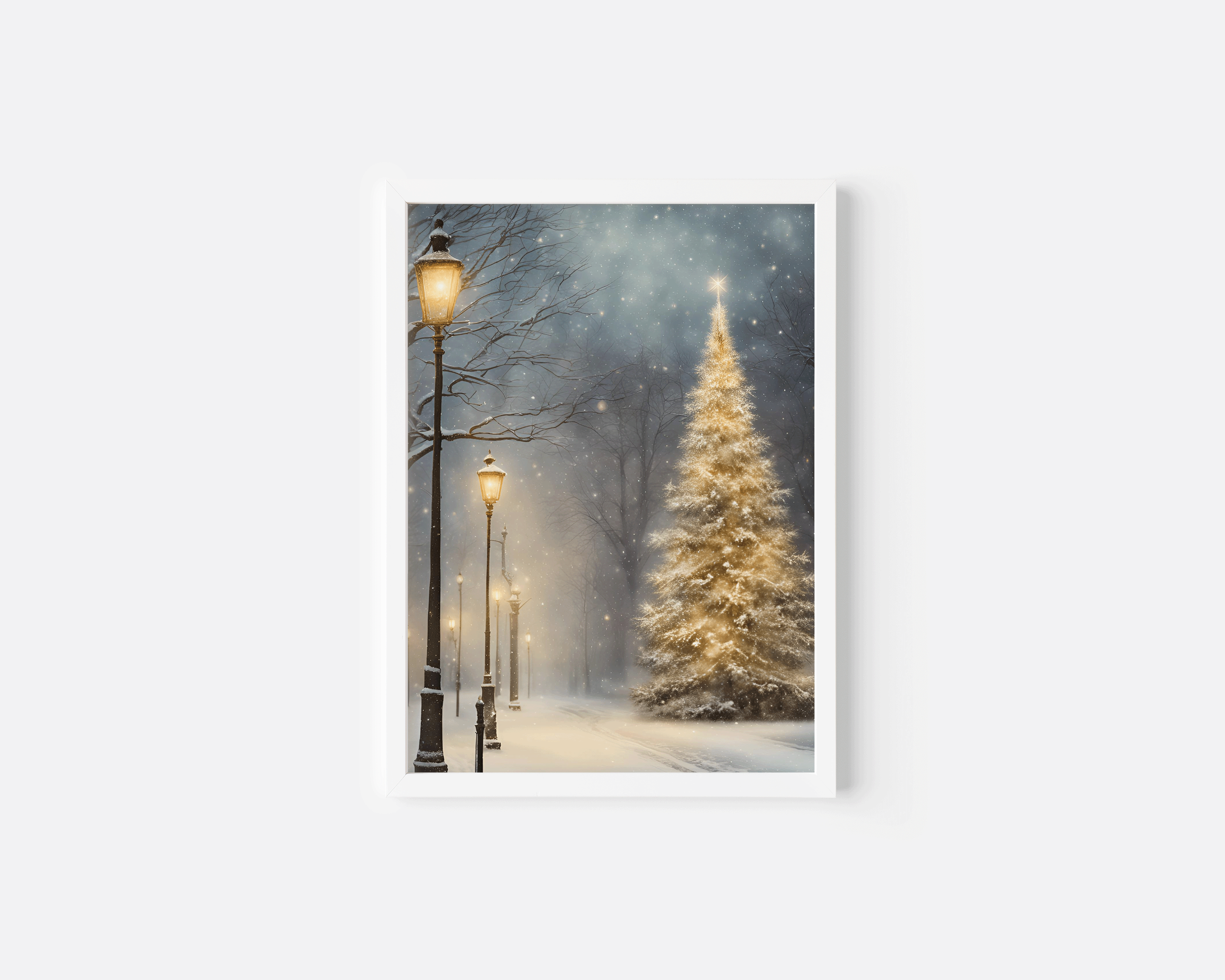 White-framed canvas print featuring a glowing golden Christmas tree and softly falling snow, ideal for minimalist winter or neutral holiday interiors. Ralph Lauren Christmas holiday wall decor.