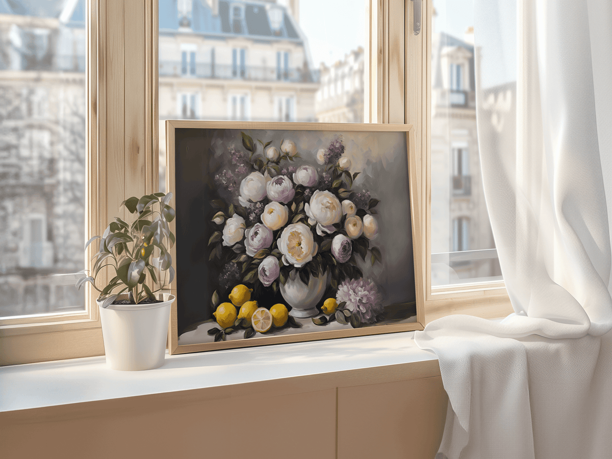 Peony and lemon still life print in a painterly impressionist style on a windowsill beside beige curtains