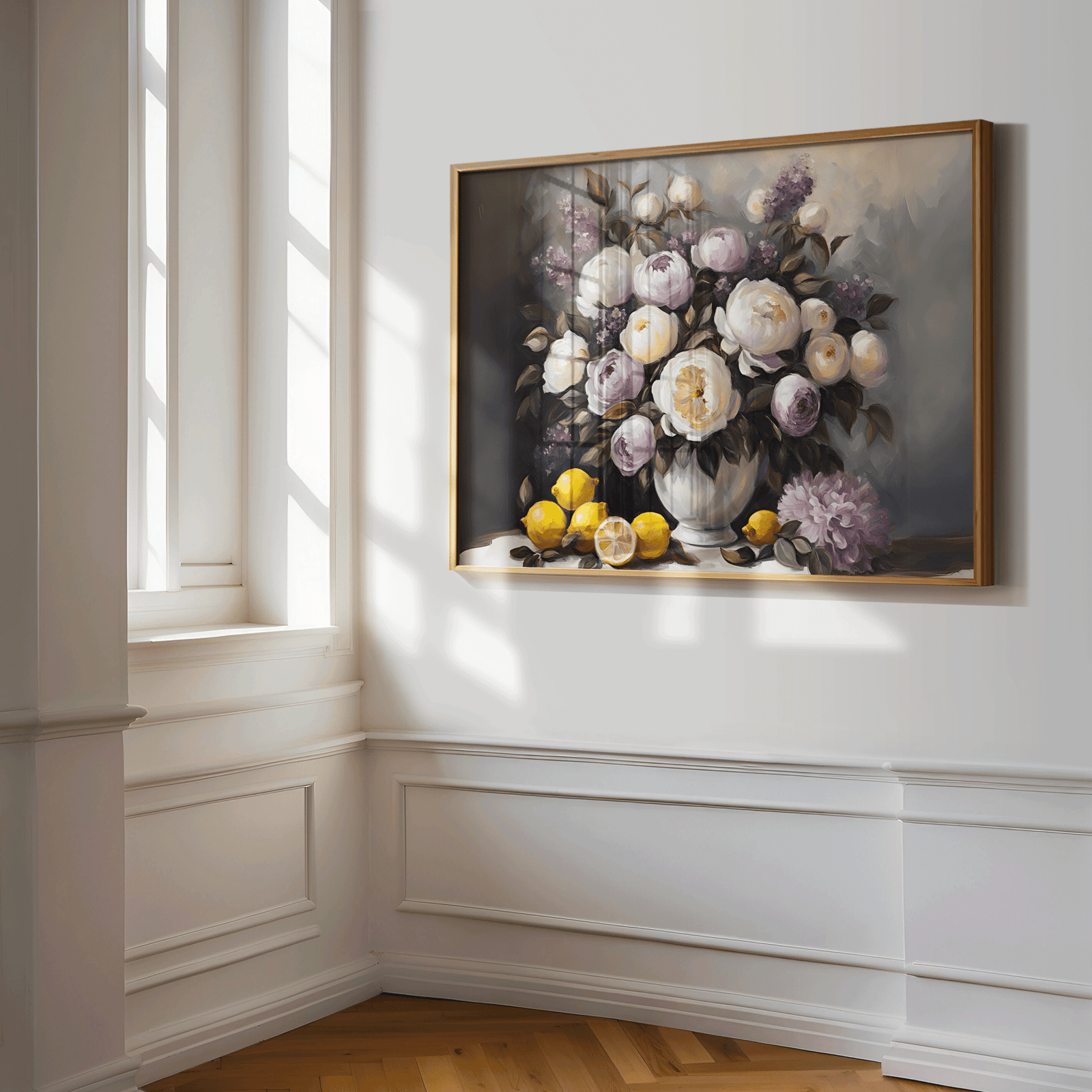 white and purple Peony floral wall art in a vase with lemons displayed in bright entryway hallway next to a window 