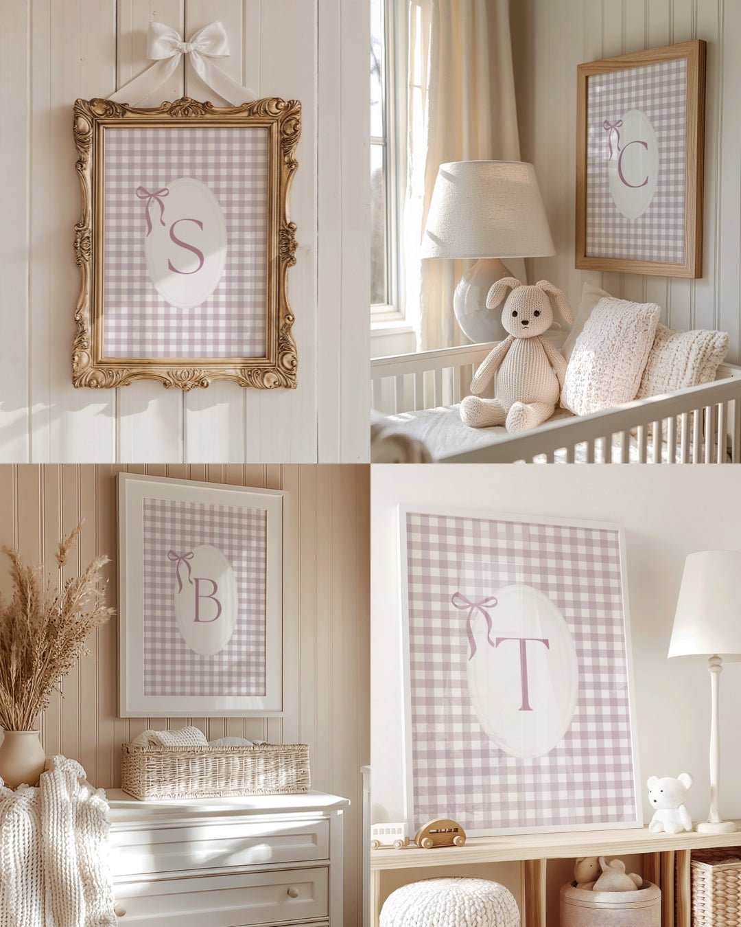 Collage of personalized pink gingham monogram wall art prints with letters S, C, B, and T framed for neutral nursery styling