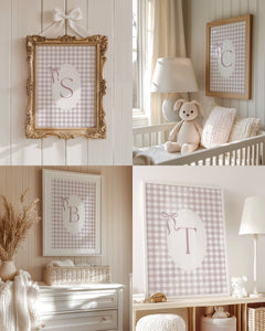 Collage of personalized pink gingham monogram wall art prints with letters S, C, B, and T framed for neutral nursery styling