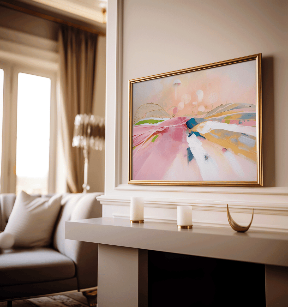 Pink and peach abstract landscape wall art in a natural wood frame above a fireplace mantel in a warm beige living room
