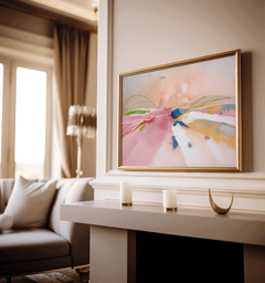 Pink and peach abstract landscape wall art in a natural wood frame above a fireplace mantel in a warm beige living room