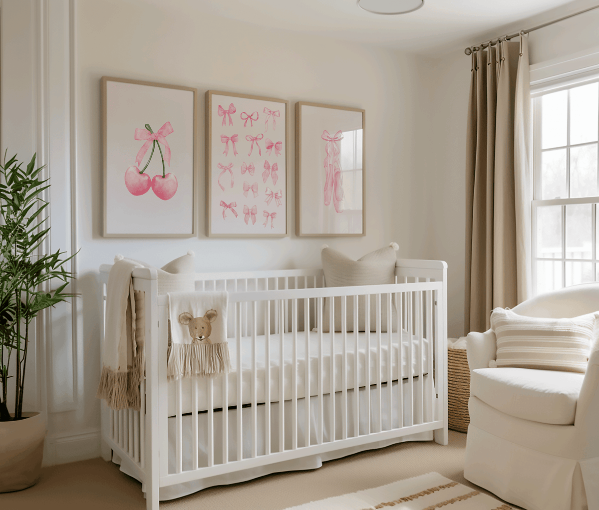 Nursery room with a white crib, teddy bear, and set of 3 pink coquette bow wall art framed prints