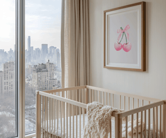 Pink cherry bow nursery wall art wooden frame above crib with city view