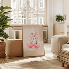 Pink cherry bow wall art framed leaning in sunlit living room
