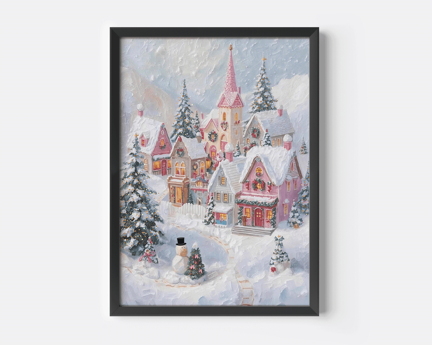 Black frame Pink Christmas Village wall art print in snowy pastel tones, oil painting style Christmas canvas for winter holiday home or living room decor, whimsical aesthetic