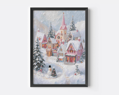 Pink Christmas village print in a black frame with snowy pastel cottages and pine trees