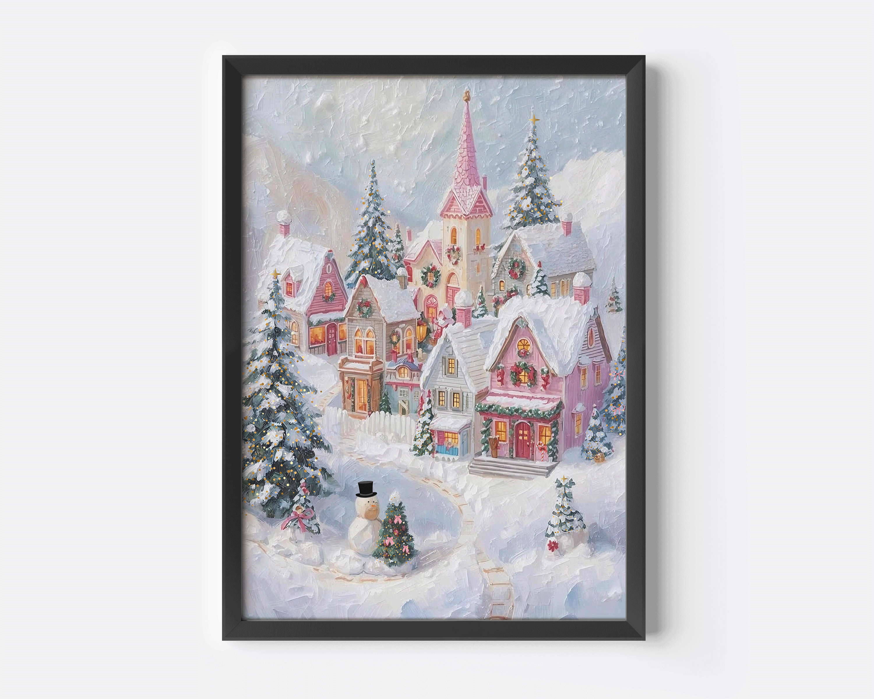 Black frame Pink Christmas Village wall art print in snowy pastel tones, oil painting style Christmas canvas for winter holiday home or living room decor, whimsical aesthetic