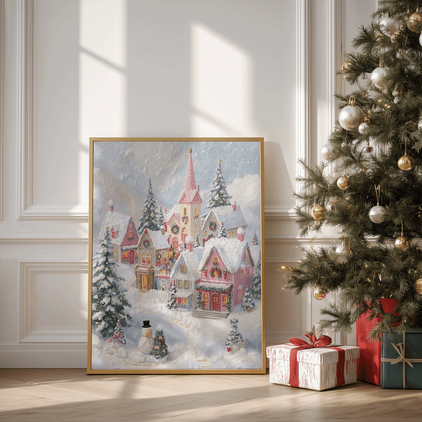 Pink Christmas Village wall art in a gold frame displayed beside a decorated Christmas tree with wrapped gifts, featuring a snowy pastel winter scene of cottages, pine trees, and a church steeple in oil painting style. Cozy holiday canvas print for living room or seasonal home decor, perfect as framed Christmas wall art or whimsical winter landscape artwork.