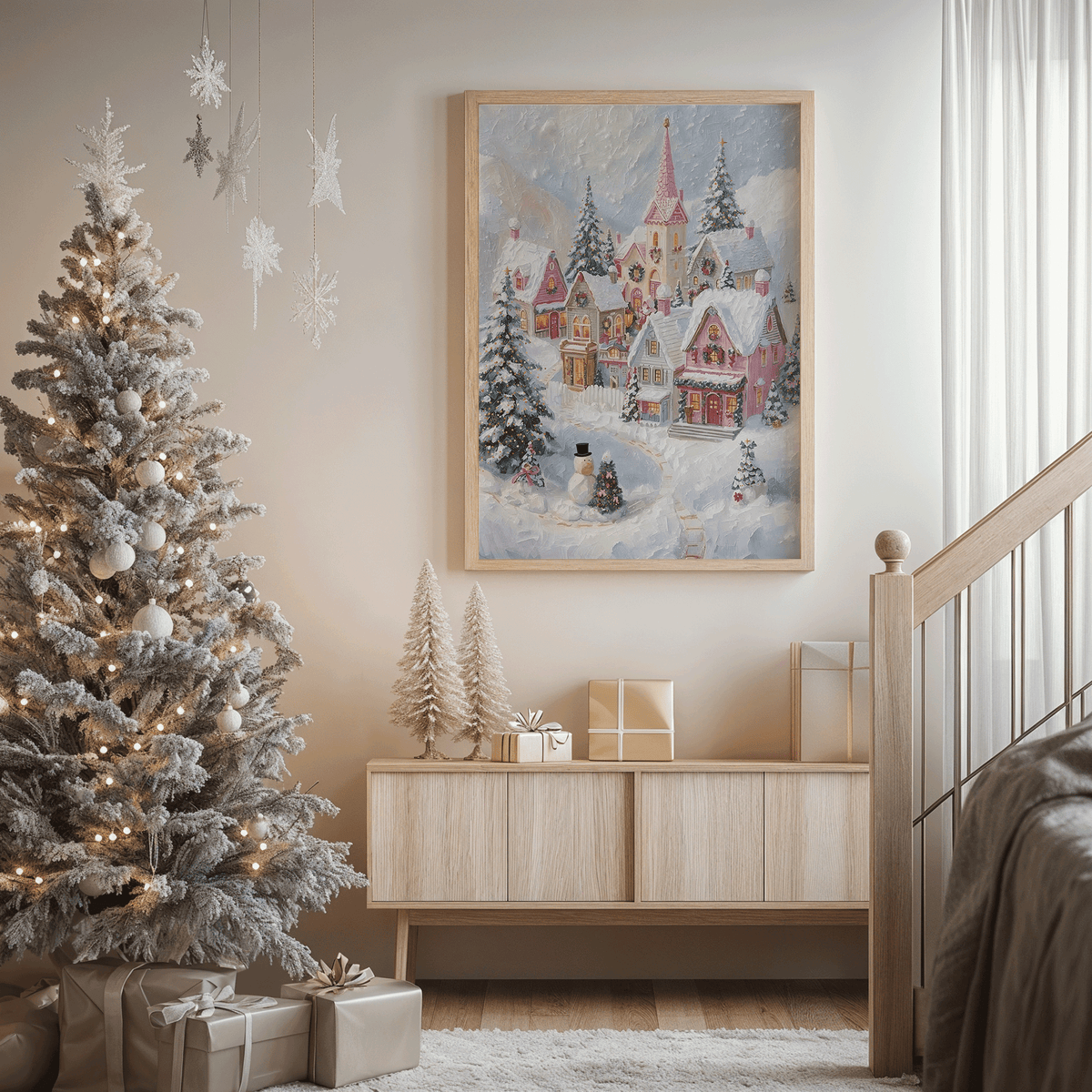 Pink Christmas village wall art in a light wood frame above a console beside a frosted Christmas tree