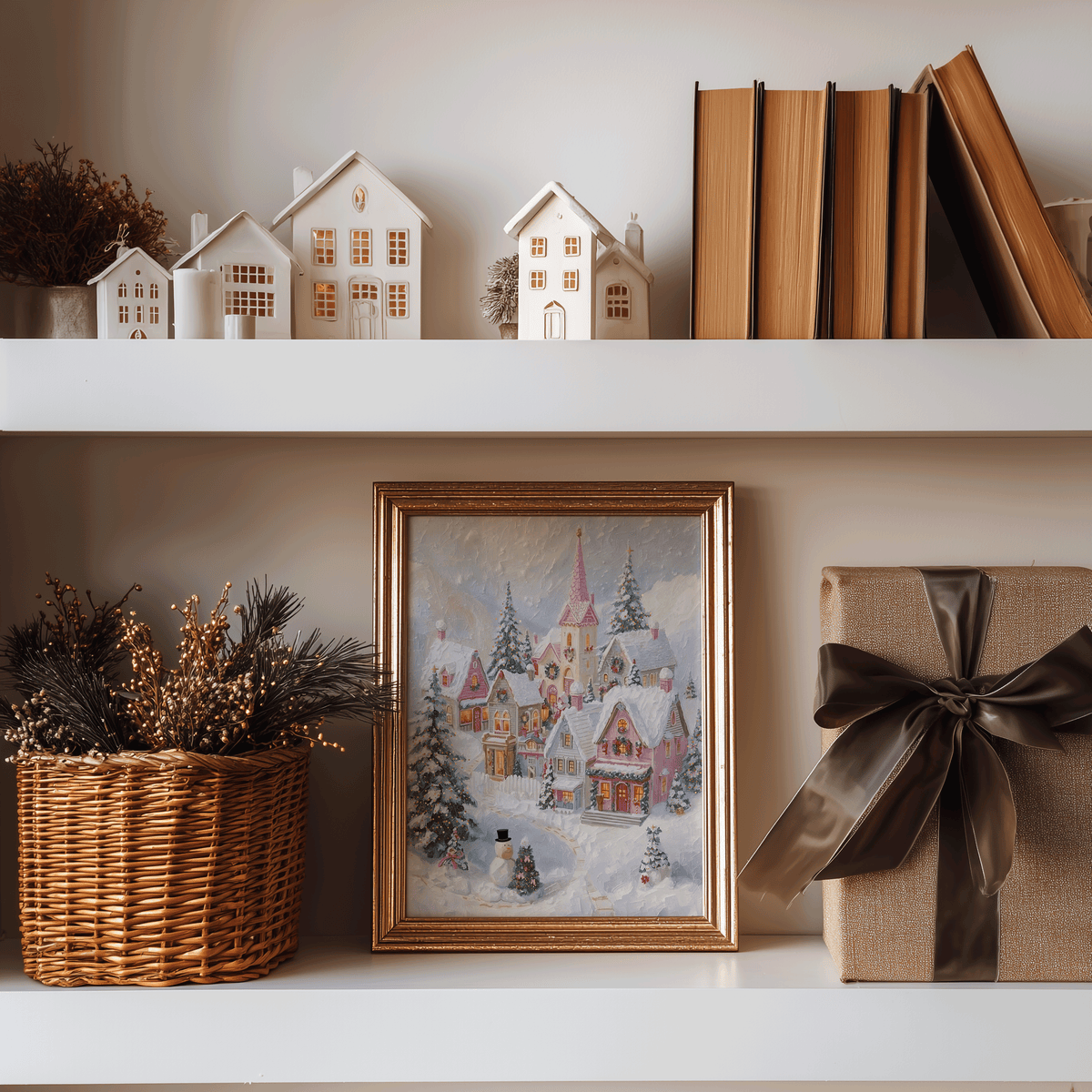 Pink Christmas village print in a gold frame on a shelf beside a wicker basket and wrapped gift