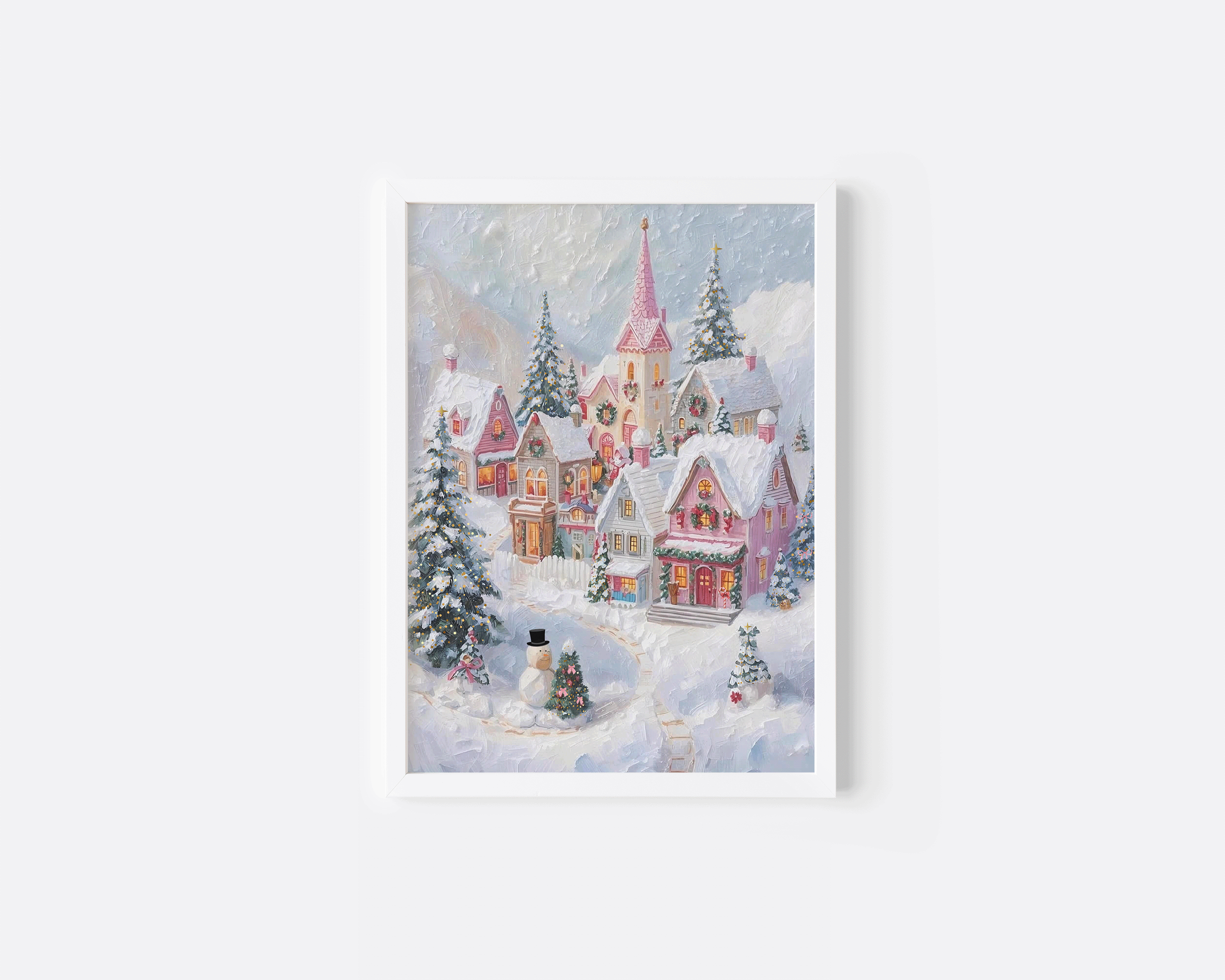 White frame Pink Christmas Village wall art with whimsical style featuring snowy cottages, pine trees, and pastel pink roofs, oil painting texture Christmas canvas for modern interiors