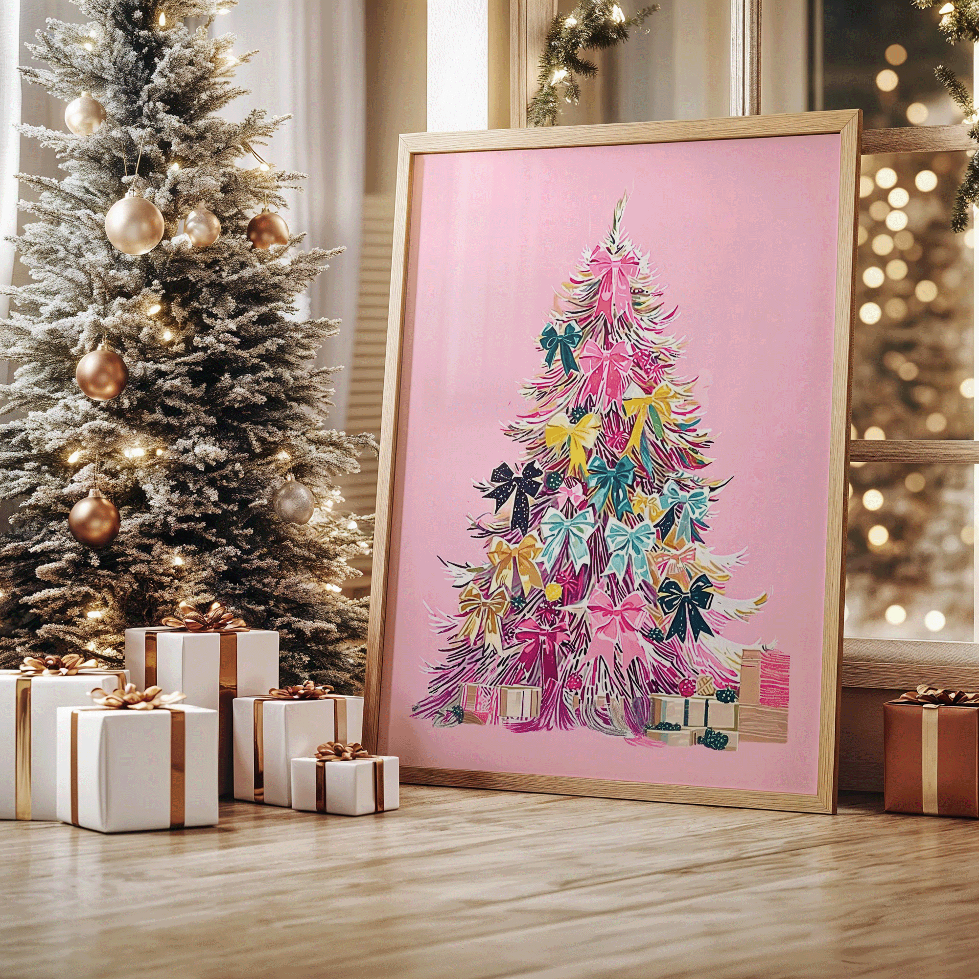 Framed pink Christmas wall art displayed beside decorated tree and presents, vibrant modern holiday decor