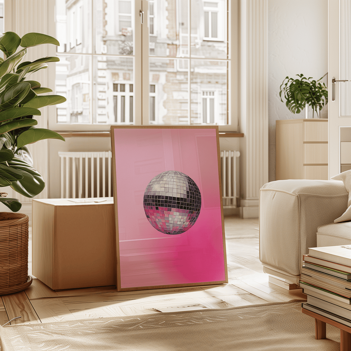 Pink disco ball print in a natural frame leaning in a sunny living room with plants and a cream armchair