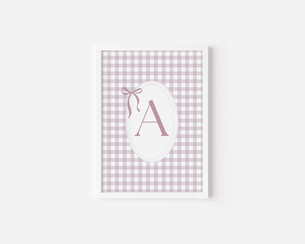 Personalized baby girl monogram print with a pink gingham background and the letter A in a white frame