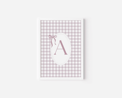 Personalized baby girl monogram print with a pink gingham background and the letter A in a white frame