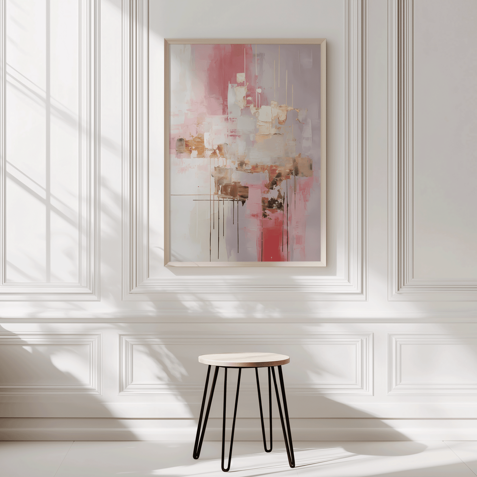 Modern pink and gold abstract art design trending among minimalist canvas wall art buyers. Artwork has a light wooden frame and is on a white panelled wall with a wooden stool in front.