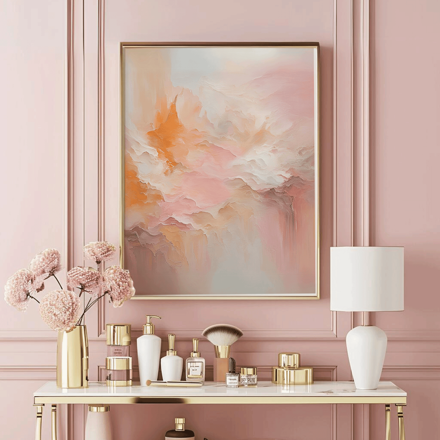 Blush pink and gold abstract wall art framed in gold styled above vanity with pink wall backdrop