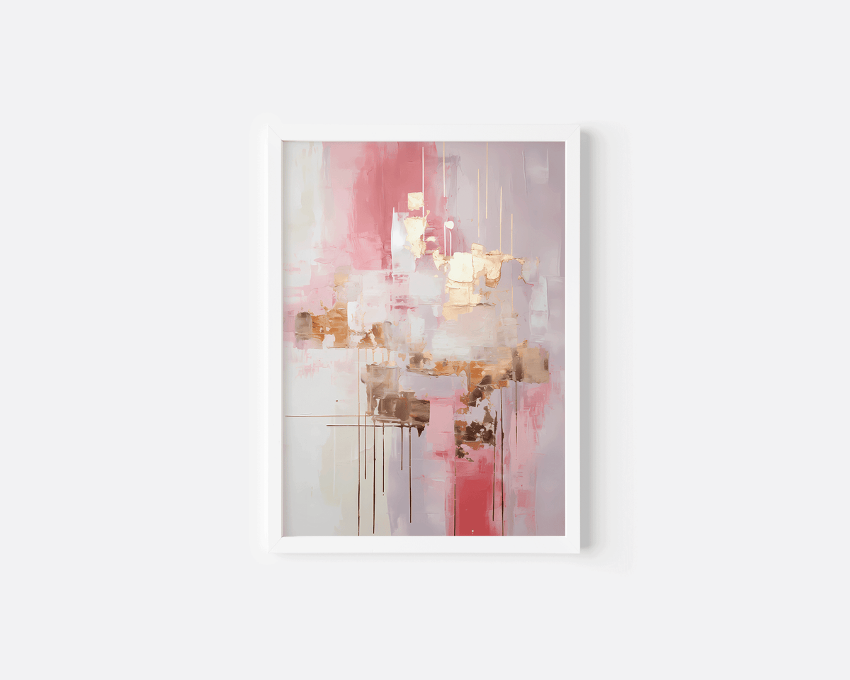 Pink, white and gold metallic accents abstract wall art with a white frame and a with modern minimalist design, perfect for living rooms, dining rooms, hallways or bedrooms.