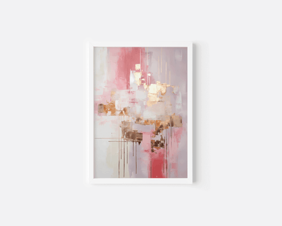 Pink, white and gold metallic accents abstract wall art with a white frame and a with modern minimalist design, perfect for living rooms, dining rooms, hallways or bedrooms.