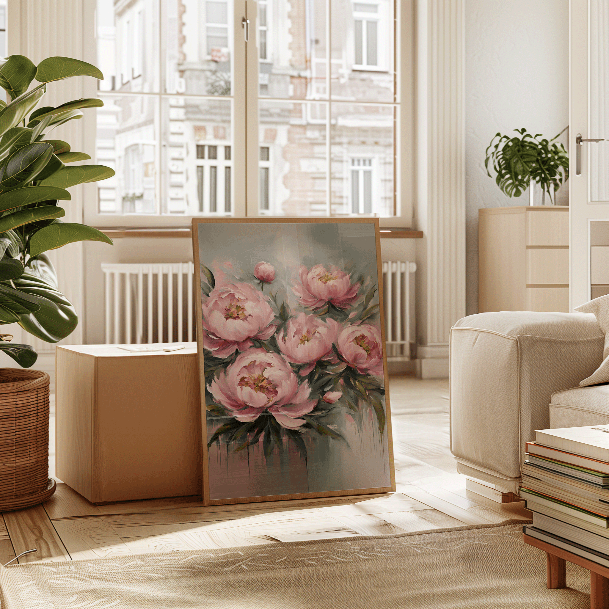 Framed pink peony flower artwork leaning by a bright window; airy modern apartment styling.